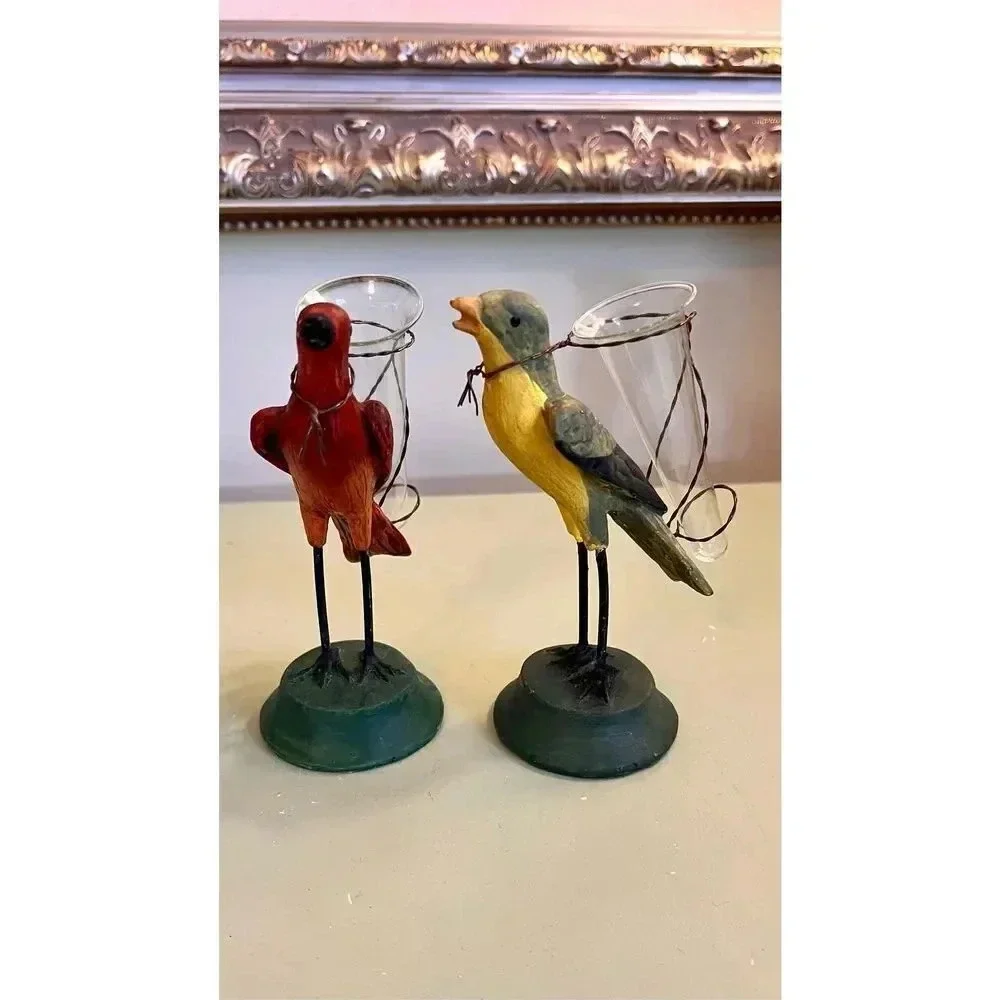 Set of 2 Hand-painted Birds‎ Finch Decorative Vase Candle Holders